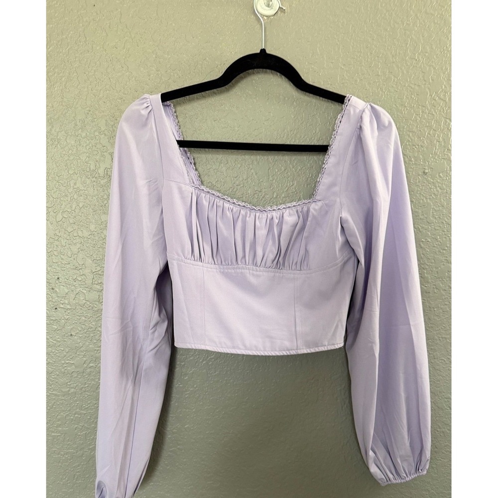 LA Hearts Lavender Crop Top XS Long Sleeve Lace Trim Smocked Hippy Feminine